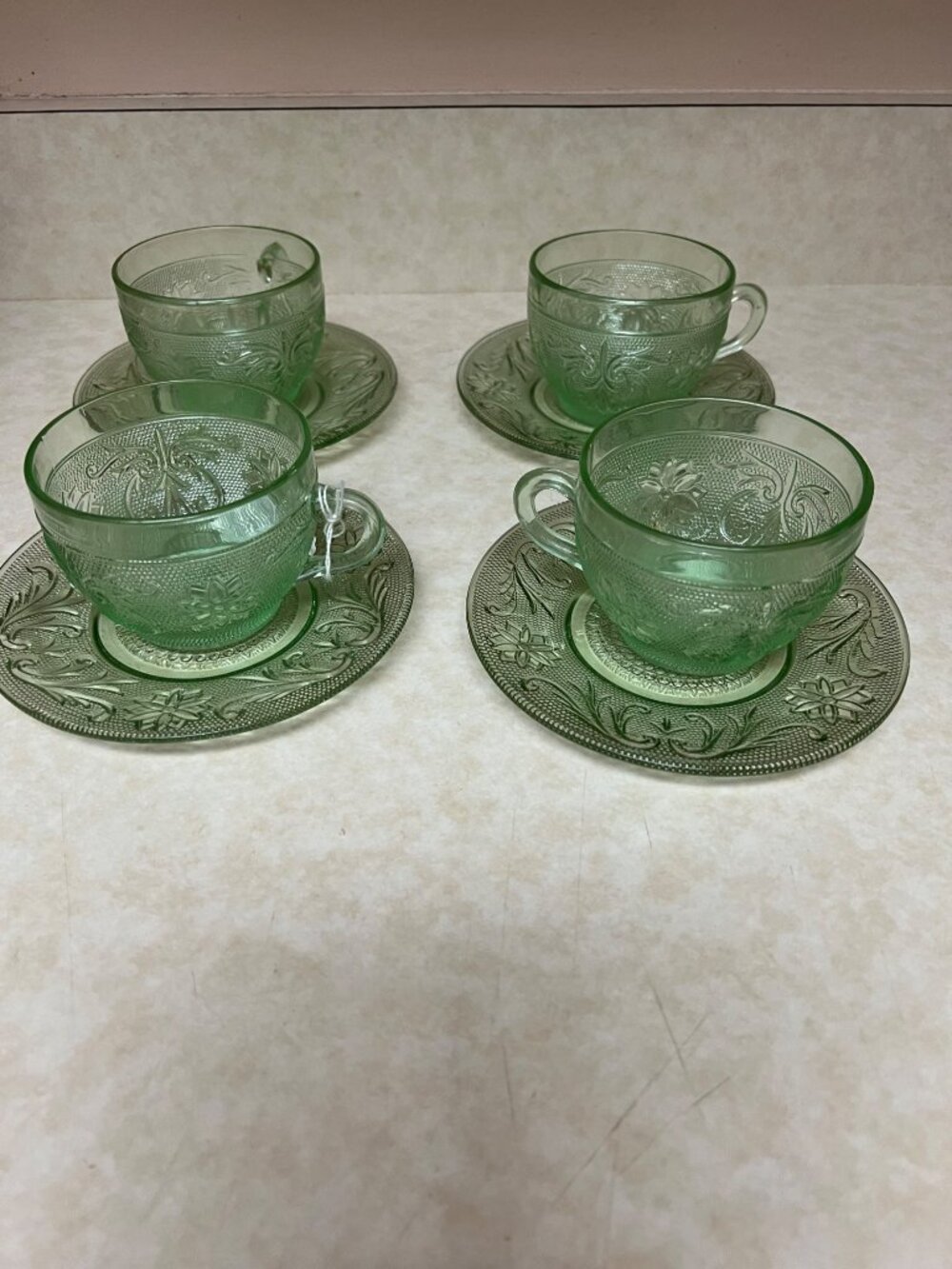Vintage Tiara Club Light Green Tea Cups & Saucers, Set of 4 Chantilly Green